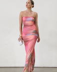 Knit mesh maxi dress. Elastic straps. Ruched sides. Side slits. Elastic back. Fully lined. Pink maxi dress. pink tie dye maxi dress. side slit dress. wedding guest dress