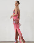 Knit mesh maxi dress. Elastic straps. Ruched sides. Side slits. Elastic back. Fully lined. Pink maxi dress. pink tie dye maxi dress. side slit dress. wedding guest dress