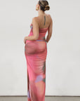 Knit mesh maxi dress. Elastic straps. Ruched sides. Side slits. Elastic back. Fully lined. Pink maxi dress. pink tie dye maxi dress. side slit dress. wedding guest dress