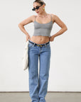 Ribbed knit cropped tank top. Adjustable straps. Lettuce edge hem. Unlined. basic crop top. basic tank top. basic grey tank top. grey tank top. grey crop tank top. everyday tank top