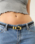Thin leather belt. Square buckle. Adjustable