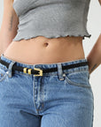 Thin leather belt. Square buckle. Adjustable