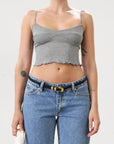 Ribbed knit cropped tank top. Adjustable straps. Lettuce edge hem. Unlined. basic crop top. basic tank top. basic grey tank top. grey tank top. grey crop tank top. everyday tank top