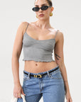 Ribbed knit cropped tank top. Adjustable straps. Lettuce edge hem. Unlined. basic crop top. basic tank top. basic grey tank top. grey tank top. grey crop tank top. everyday tank top