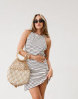 Striped knit dress. Sleeveless. Racerback. Unlined. black and white