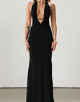 Knit maxi dress. Halter neckline. Back tie closure. Elastic back. Fully lined. Open back dress. Deep v dress. Black dress. Guest wedding dress.