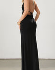 Knit maxi dress. Halter neckline. Back tie closure. Elastic back. Fully lined. Open back dress. Deep v dress. Black dress. Guest wedding dress.