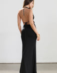 Knit maxi dress. Halter neckline. Back tie closure. Elastic back. Fully lined. Open back dress. Deep v dress. Black dress. Guest wedding dress.
