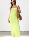 Strapless woven maxi dress. Elastic neckline. Back S-hook closure. Back cut out. Unlined. Neon green dress. Summer dress. Open back dress.
