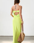 Strapless woven maxi dress. Elastic neckline. Back S-hook closure. Back cut out. Unlined. Neon green dress. Summer dress. Open back dress