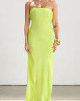 Strapless woven maxi dress. Elastic neckline. Back S-hook closure. Back cut out. Unlined. Neon green dress. Summer dress. Open back dress