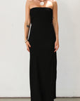 Strapless woven maxi dress. Elastic neckline. Back S-hook closure. Back cut out. Unlined. Guest wedding dress. Black tie dress. Black dress. Open back.