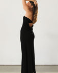 Strapless woven maxi dress. Elastic neckline. Back S-hook closure. Back cut out. Unlined. Guest wedding dress. Black tie dress. Black dress. Open back.