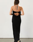 Strapless woven maxi dress. Elastic neckline. Back S-hook closure. Back cut out. Unlined. Guest wedding dress. Black tie dress. Black dress. Open back.