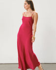 Knit maxi dress. Adjustable straps. Partially lined. Guest wedding dress. Pink dress. Magenta dress. Thin straps.