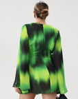 Chiffon dress. Long bell sleeves. V-neckline with tie closure. Front slit. Back hook and eye and zipper closures. Partially lined. green dress. beach vacation dress. green mini dress. mexico dress. miami dress. going out dress