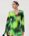 Chiffon dress. Long bell sleeves. V-neckline with tie closure. Front slit. Back hook and eye and zipper closures. Partially lined. green dress. beach vacation dress. green mini dress. mexico dress. miami dress. going out dress