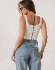 Knit crop tank. Fixed straps. Lace trim. Front tie detail. Back button down closures. Unlined. White tank top. Summer top.