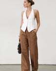 Woven pants. Elastic waistband. Side pockets. Unlined. Brown throw on pants. Cute casual pants.