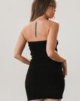 Chenille knit dress. Elastic neckline. Rosette details. Front slits. Unlined. Black mini dress. Strapless dress. Mini side slit.