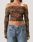 Animal printed knit mesh crop top. Long sleeves. Unlined/sheer. Cheetah top. Leopard top. Going out top. Off the shoulder top