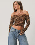 Animal printed knit mesh crop top. Long sleeves. Unlined/sheer. Cheetah top. Leopard top. Going out top. Off the shoulder top
