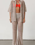 Open knit crochet pants. Elastic waistband. Unlined/sheer. Beach coverup. Pool coverup. Tan oat bottoms