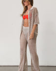 Open knit crochet pants. Elastic waistband. Unlined/sheer. Beach coverup. Pool coverup. Tan oat bottoms