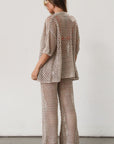 Open knit crochet pants. Elastic waistband. Unlined/sheer. Beach coverup. Pool coverup. Tan oat bottoms