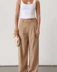 Woven wide leg pant. Hook and eye and zipper fly. Side pockets. Unlined. Tan pants. Office pants. Business casual pants. Business professional pants.