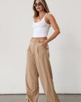 Woven wide leg pant. Hook and eye and zipper fly. Side pockets. Unlined. Tan pants. Office pants. Business casual pants. Business professional pants.
