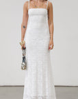 Knit lace maxi dress. Elastic straps. Inner rubber grip lining. Fully lined. White lace dress. Bridal shower dress. Engagement dress.