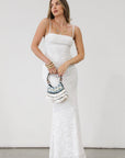 Knit lace maxi dress. Elastic straps. Inner rubber grip lining. Fully lined. White lace dress. Bridal shower dress. Engagement dress.