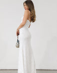 Knit lace maxi dress. Elastic straps. Inner rubber grip lining. Fully lined. White lace dress. Bridal shower dress. Engagement dress.
