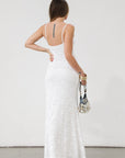 Knit lace maxi dress. Elastic straps. Inner rubber grip lining. Fully lined. White lace dress. Bridal shower dress. Engagement dress.