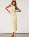 Floral knit midi dress. Sleeveless. Side slit. Back cut out. Unlined. Yellow dress. Yellow floral dress.