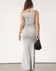 Ribbed knit maxi dress. Twisted straps. Ruched sides. Unlined. Grey maxi dress. Everyday maxi dress. Cute Casual dress