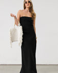 Linen woven maxi dress. Strapless neckline. Elastic back. Back zipper closure. Unlined. Black maxi dress. Black tie dress. Wedding guest dress.