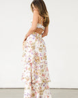 Floral printed eyelet woven tiered maxi dress. Adjustable straps. Front drawstring closure. Back cut out. Elastic back strap. Back hook and eye and zipper closures. Fully lined. Guest wedding dress. Floral dress. Coquette dress.