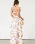 Floral printed eyelet woven tiered maxi dress. Adjustable straps. Front drawstring closure. Back cut out. Elastic back strap. Back hook and eye and zipper closures. Fully lined. Guest wedding dress. Floral dress. Coquette dress.
