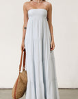 Crinkle woven maxi dress. Strapless neckline. Back tie closure. Elastic back waist. Fully lined. Baby blue maxi dress. Summer dress.