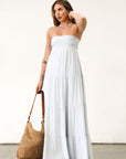 Crinkle woven maxi dress. Strapless neckline. Back tie closure. Elastic back waist. Fully lined. Baby blue maxi dress. Summer dress.