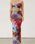 Printed knit mesh bandeau. Elastic neckline. In we rubber grip lining. Fully lined.Printed knit mesh maxi skirt. Elastic waist. Tie Dye dress set. Tube top dress. Strapless dress set.