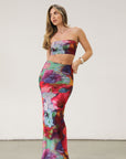 Printed knit mesh bandeau. Elastic neckline. In we rubber grip lining. Fully lined.Printed knit mesh maxi skirt. Elastic waist. Tie Dye dress set. Tube top dress. Strapless dress set.