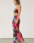 Printed knit mesh bandeau. Elastic neckline. In we rubber grip lining. Fully lined.Printed knit mesh maxi skirt. Elastic waist. Tie Dye dress set. Tube top dress. Strapless dress set.