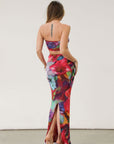 Printed knit mesh bandeau. Elastic neckline. In we rubber grip lining. Fully lined.Printed knit mesh maxi skirt. Elastic waist. Tie Dye dress set. Tube top dress. Strapless dress set.