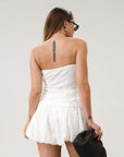 Eyelet woven skort. Side hook and eye and zipper closure. Bubble hem. Shorts lining. White eyelet skirt. White skort. Bubble skirt. Summer skirt.