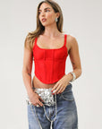 Knit lace bustier top. Adjustable straps. Boning in bodice. Back hook and eye closures. Fully lined. Going out top. Red tank top. Red bustier top. Red corset top.