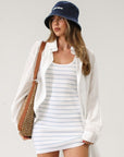 Striped ribbed knit dress. Sleeveless. Unlined. Summer dress. White and blue stripe dress. Beach cover up. Pool Cover up. Vacation dress