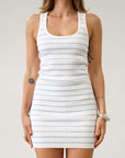 Striped ribbed knit dress. Sleeveless. Unlined. Summer dress. White and blue stripe dress. Beach cover up. Pool Cover up. Vacation dress